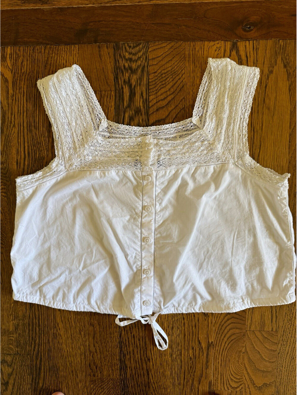 J.Crew XS White Cotton Lace Trim Button Front Cropped Square Neck Top